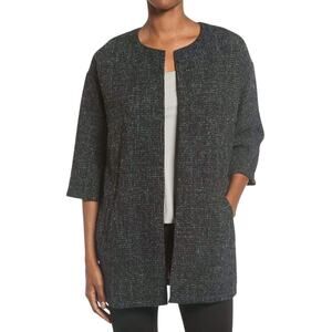 Eileen Fisher Virgin Wool Tweed Long Jacket Open Front Minimalist Coat S